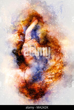 Hand von Jesus Christus in die symbolische Geste. Details aus meinem eigenen Reproduktion von Leonardo DaVinci Malerei Retter der Welt in den kosmischen Raum Stockfoto