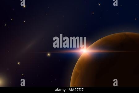 Sonnenaufgang im Raum. Roten Planeten Mars. Astronomische galaxy Hintergrund. Licht in den Nachthimmel. Sonnensystem für das Banner ein. Modernes Design des Universums für Karten. Stock Vektor