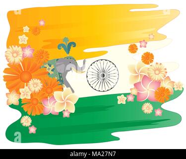 Ein Beispiel für eine stilisierte indische Flagge mit wunderschönen Daisy und Frangipani Blüten und zeremoniellen Elefant auf weißem Hintergrund Stock Vektor