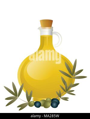 Ein Vektor Abbildung im EPS 10 Format einer glaskanne von Olivenöl mit Kork Stopfen und eine Anordnung von grünen und schwarzen Oliven mit Laub Stock Vektor