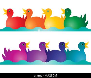 eine Illustration aus zwei Reihen von Spielzeug Enten in Regenbogenfarben auf einer abstrakten blaue Welle isoliert auf weißem Hintergrund Stock Vektor