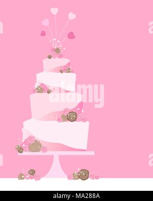 Ein Vektor Abbildung im EPS 10 Format von vier Stufe Feier Kuchen Grußkarte mit Rosen und Herzen Dekoration auf einem rosa Hintergrund Stock Vektor