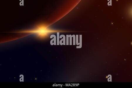Sonnenaufgang im Raum. Roten Planeten Mars. Astronomische galaxy Hintergrund. Licht in den Nachthimmel. Sonnensystem für das Banner ein. Modernes Design des Universums für Karten. Stock Vektor