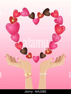 zur Veranschaulichung der Hände mit rosa Nagellack unten ein Valentine bestehend aus dekorativen Herzen auf einem rosa Hintergrund Stock Vektor