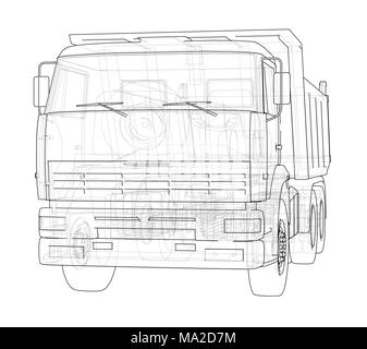 Dump Truck. 3D-Darstellung. Wire-frame Stil. Weißer Hintergrund Stockfoto