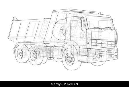 Dump Truck. 3D-Darstellung. Wire-frame Stil. Weißer Hintergrund Stockfoto