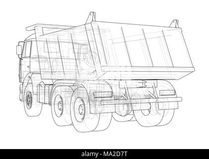 Dump Truck. 3D-Darstellung. Wire-frame Stil. Weißer Hintergrund Stockfoto