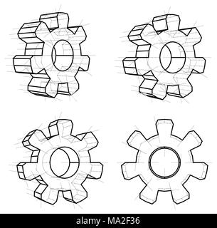 Vier Gänge, weisser Hintergrund. 3d-Gänge in wire-frame Stil. 3D-Darstellung Stockfoto