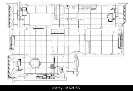 Innenraum Skizze oder Bauplan. 3D-Darstellung. Wire-frame Stil Stockfoto