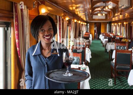 Eine Kellnerin, die Südafrikanischen Wein im Speisewagen der Luxuszug Rovos Rail (von Durban nach Pretoria, Südafrika) Stockfoto