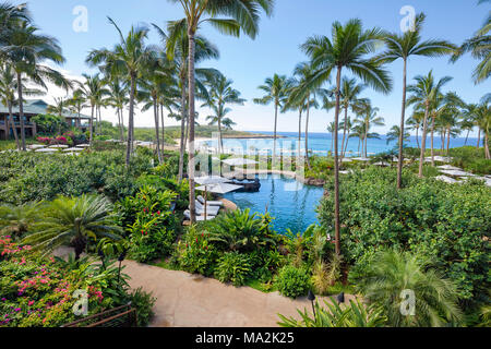 2017 Blick auf Hulopoe Strand von der neu renovierten Four Seasons Resort Lanai at Manele Bay, Lanai, Hawaii. Stockfoto