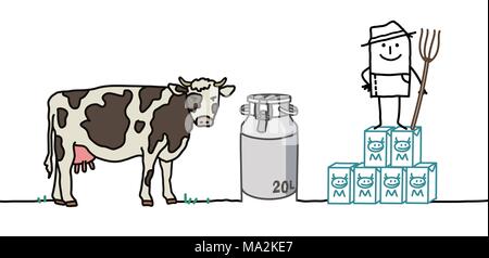 Cartoon Bauer mit Kuh und Milch Stock Vektor