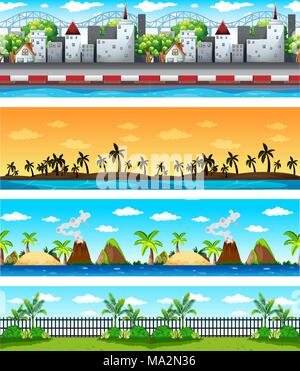 Vier Hintergrund Szenen mit Gebäude und Natur Abbildung Stock Vektor