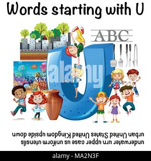 Englisch Arbeitsblatt für Wörter beginnend mit U Abbildung: Stock Vektor
