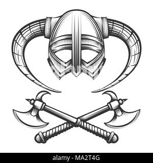 Wikinger Helm mit Hörnern und gekreuzten Viking Achsen in Gravur Stil gezeichnet. Vector Illustration Stock Vektor