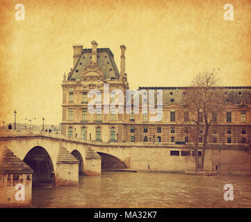 Seine. Brücke Pont Royal in Paris, Frankreich. Foto im Retro-Stil. Hinzugefügt Papier Textur. Getonten Bild Stockfoto