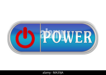 Längliche lautstärketaste von blauer Farbe mit dem Symbol und dem Schriftzug 'POWER', weisser Hintergrund Stockfoto