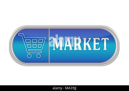 Längliche Lautstärketaste blaue Farbe mit dem Symbol und der Aufschrift 'Markt', weisser Hintergrund Stockfoto