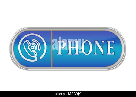 Längliche Lautstärketaste blaue Farbe mit dem Symbol und der Inschrift "Telefon", weißer Hintergrund Stockfoto