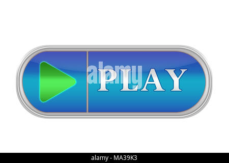 Längliche Lautstärketaste blaue Farbe mit dem Symbol und der Inschrift "spielen", weißer Hintergrund Stockfoto