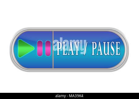 Längliche Lautstärketaste blaue Farbe mit dem Symbol und der Inschrift "PLAY, PAUSE', weisser Hintergrund Stockfoto