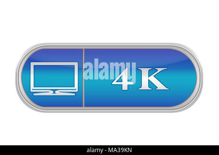 Längliche Lautstärketaste blaue Farbe mit dem Symbol und der Inschrift "4 K", weißer Hintergrund Stockfoto