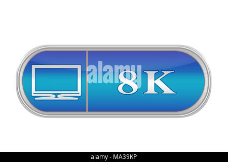 Längliche Lautstärketaste blaue Farbe mit dem Symbol und der Inschrift "8 K", weißer Hintergrund Stockfoto