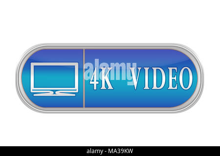 Längliche Lautstärketaste blaue Farbe mit dem Symbol und der Inschrift "4k VIDEO', weisser Hintergrund Stockfoto