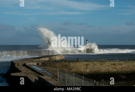 Wellen schlagen und steigen über dem Pier und Leuchtturm von Seaham an der Nordostküste Englands Stockfoto