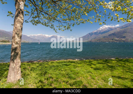 Landschaft von Dongo Dorf am Comer See, im Hintergrund Legnone Peak. Lombardei, Italien, Provinz Como Stockfoto