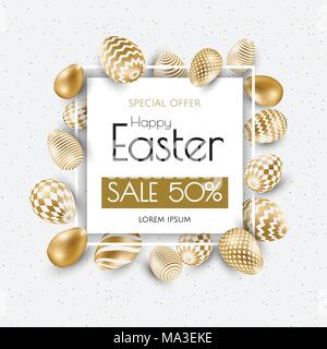 Frohe Ostern Schrift Hintergrund mit realistischen Golden Shine dekorierte Eier, Konfetti, goldenen Pinsel Splash. Vector Illustration Grußkarte, Promot Stock Vektor