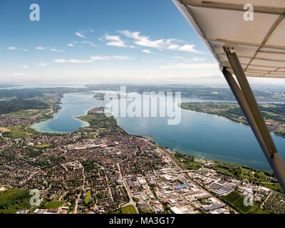 Luftbild des Bodensees aus dem Westen mit Blick auf die Insel Reichenau Stockfoto