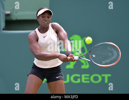 Miami, Florida, USA. 29 Mär, 2018. Sloane Stephens (USA), die in Aktion bei Tag 11 der 2018 Miami offen gehalten am Crandon Park Tennis Center in Key Biscayne, Florida. Credit: Andrew Patron/ZUMA Draht/Alamy leben Nachrichten Stockfoto