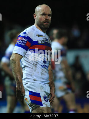 Wakefield, Großbritannien. 29 März 2018, Mobile RocketStadium, Wakefield, England; Betfred Super League Rugby, Wakefield Trinity v Castleford Tiger; Liam Finn von Wakefield Trinity auf dem großen Bildschirm Credit: Aktuelles Bilder/Alamy leben Nachrichten Stockfoto