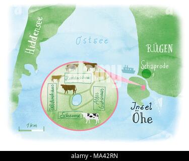 Eine handgezeichnete Karte der Insel Öhe zwischen den Inseln Rügen und Hiddensee Stockfoto
