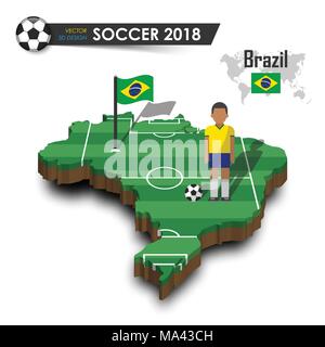 Brasilien Fußball-Nationalmannschaft. Fußballspieler und Flagge auf 3d-design Land Karte. isolierte Hintergrund. Vektor für internationale Weltmeisterschaft Stock Vektor