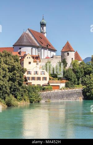 Blick auf die Altstadt und der Lech in Füssen im Allgäu Stockfoto