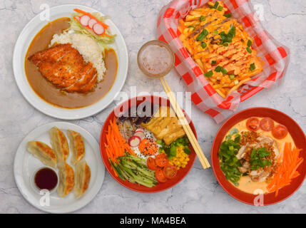 Eine Auswahl von koreanischen Speisen wie Tofu & Pilz Kimchi bimbimbap, Rindfleisch, Hähnchen Red Curry, Gemüse Knödel, knusprige panko Huhn Katsu Curry. Stockfoto