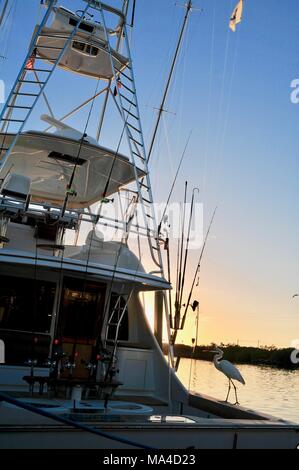 Hochseefischen Boot mit takelage bei Sonnenuntergang, in der Marina angedockt, mit Graureiher marine Vogel stehen auf Deck, Islamorada, Florida, USA. Stockfoto