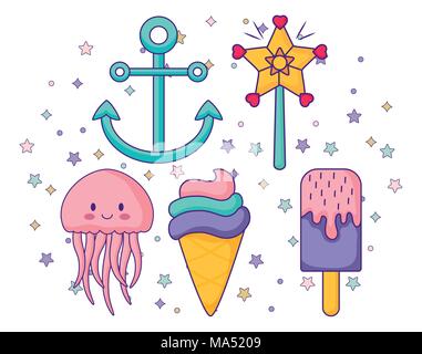 Anker und niedlichen ähnliche Symbole mit Sterne um über weißer Hintergrund, farbenfrohen Design. Vector Illustration Stock Vektor
