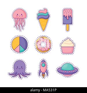 Icon Set von niedlichen ähnliche Symbole auf weißem Hintergrund, farbenfrohen Design. Vector Illustration Stock Vektor