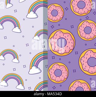 Muster der Regenbogen und Donuts, farbenfrohen Design. Vector Illustration Stock Vektor