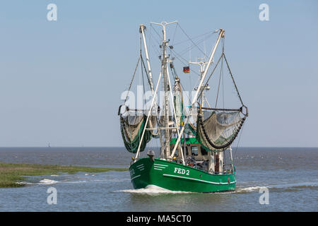 Fischkutter vor der Hafeneinfahrt Fedderwardersiel, Butjadingen, Gemeinde im Landkreis Wesermarsch, Stockfoto