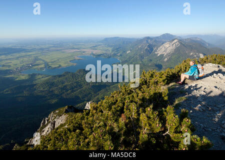 Wandern Szene am Herzogstand mit Blick auf den Kochelsee, Walchensee, Berge der Bayerischen Voralpen, Bayern, Deutschland Stockfoto