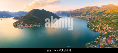 Luftaufnahme von Iseo See bei Sonnenuntergang, Provinz Brescia, Lombardei, Italien. Stockfoto