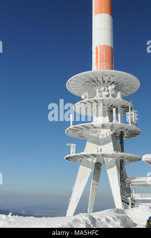 Winterlandschaft, Antennenmast am Brocken, Harz, Deutschland Stockfoto