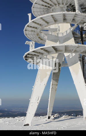 Winterlandschaft, Antennenmast am Brocken, Harz, Deutschland Stockfoto