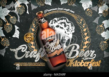 Handwerk Bier ads, realistische 3D-Bier Flasche mit Label auf Gravur Stil blackboard Hintergrund, Hopfen und Weizen Elemente Stock Vektor