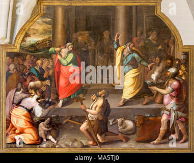 ZARAGOZA, Spanien - 3. MÄRZ 2018: Die biblische Szene der Wunder von St. Paul und st. Barnabas in Lystra in der Kirche Iglesia de San Pablo. Stockfoto