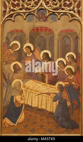 ZARAGOZA, Spanien - 1. MÄRZ 2018: Der neugotischen Malerei des Todes des Heiligen Josef in der Kirche Iglesia del Sagrado Corazon de Jesus durch Nauarro (1945). Stockfoto